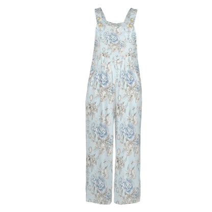 Blue Rose Wide Leg Jumpsuit, Pale Botanical Overalls with Pockets