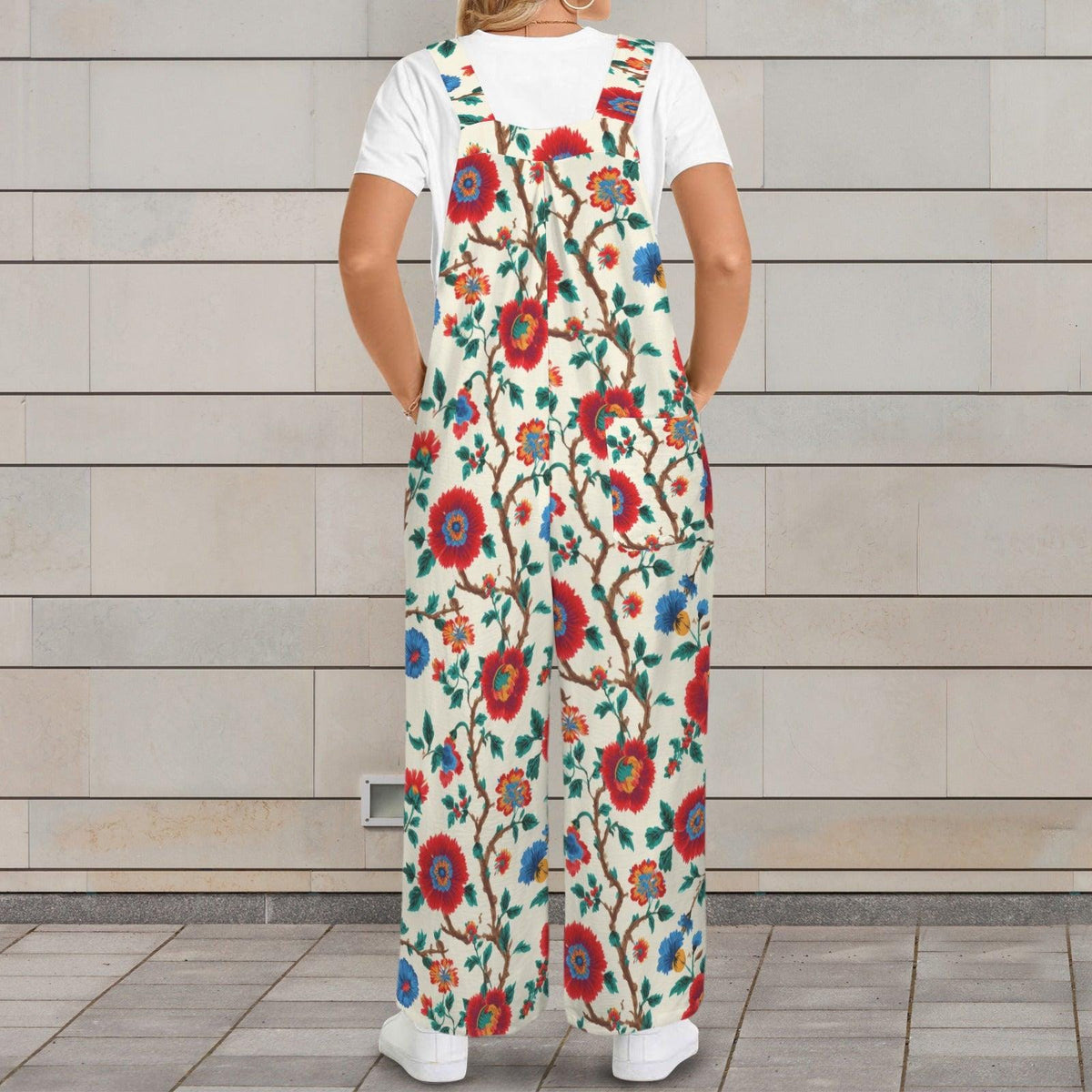Boho Floral Jumpsuit: Red Blue Flowers, Wide Leg, Pockets (95% Polyester)