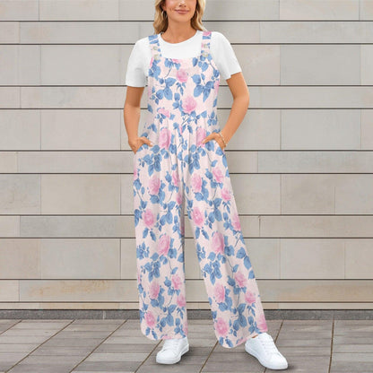 Floral Butterfly Jumpsuit: Blush Pink Wide Leg, Sleeveless, Pockets