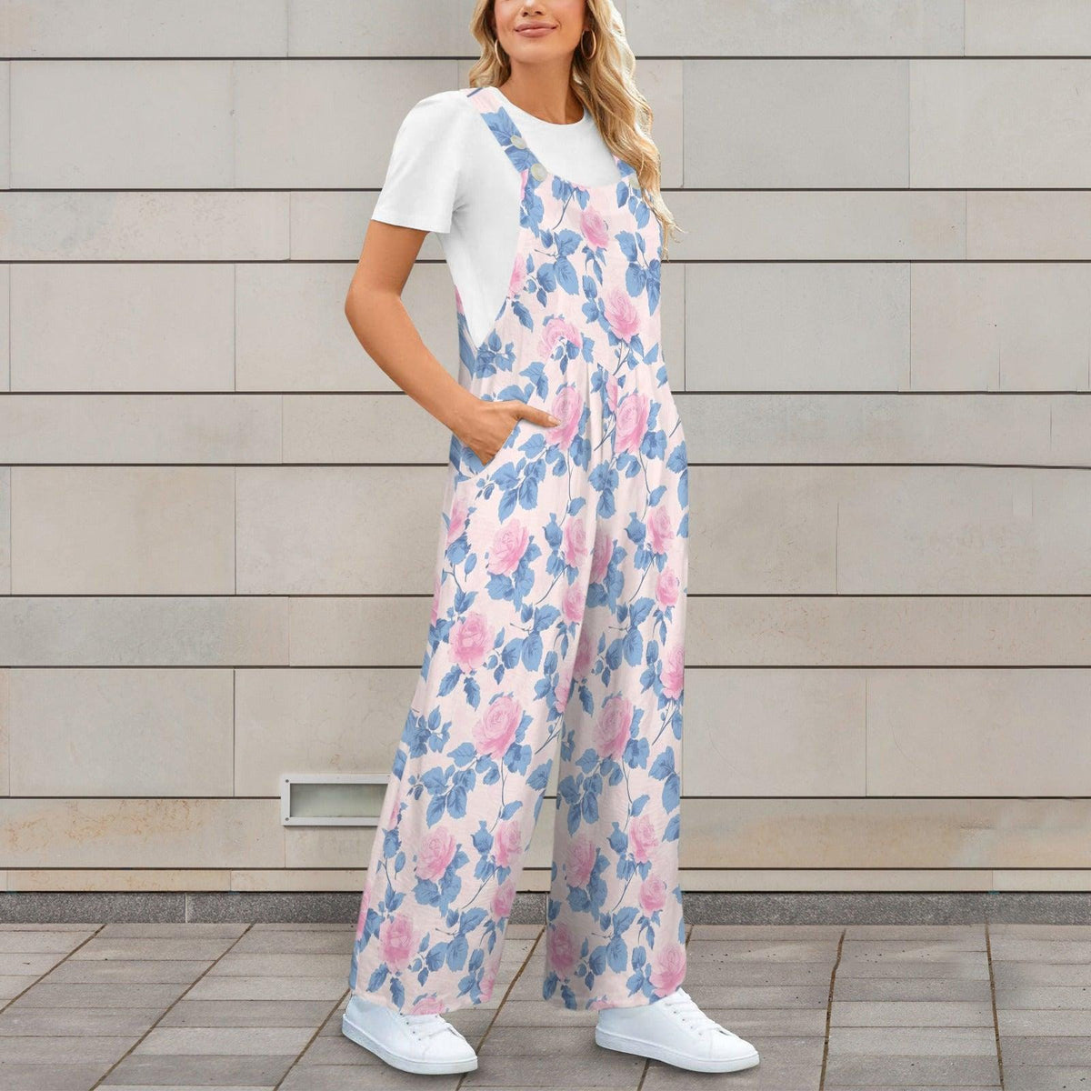 Floral Butterfly Jumpsuit: Blush Pink Wide Leg, Sleeveless, Pockets