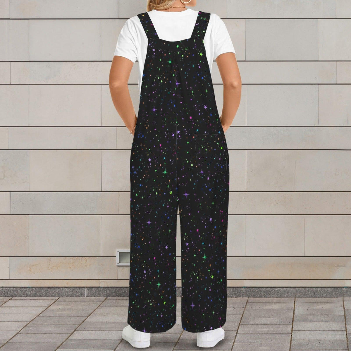 Black Multicolor Star Speckle Celestial Wide Leg Jumpsuit with Pockets, Overalls