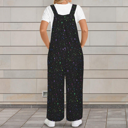 Black Multicolor Star Speckle Celestial Wide Leg Jumpsuit with Pockets, Overalls
