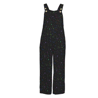 Black Multicolor Star Speckle Celestial Wide Leg Jumpsuit with Pockets, Overalls