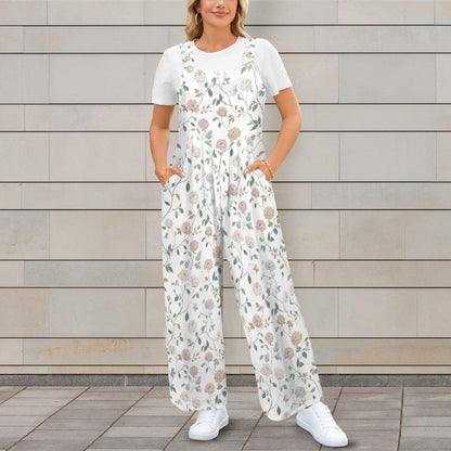 Dusty Rose Botanical Floral Wide Leg Jumpsuit with Pockets, Ivory Womens Overalls