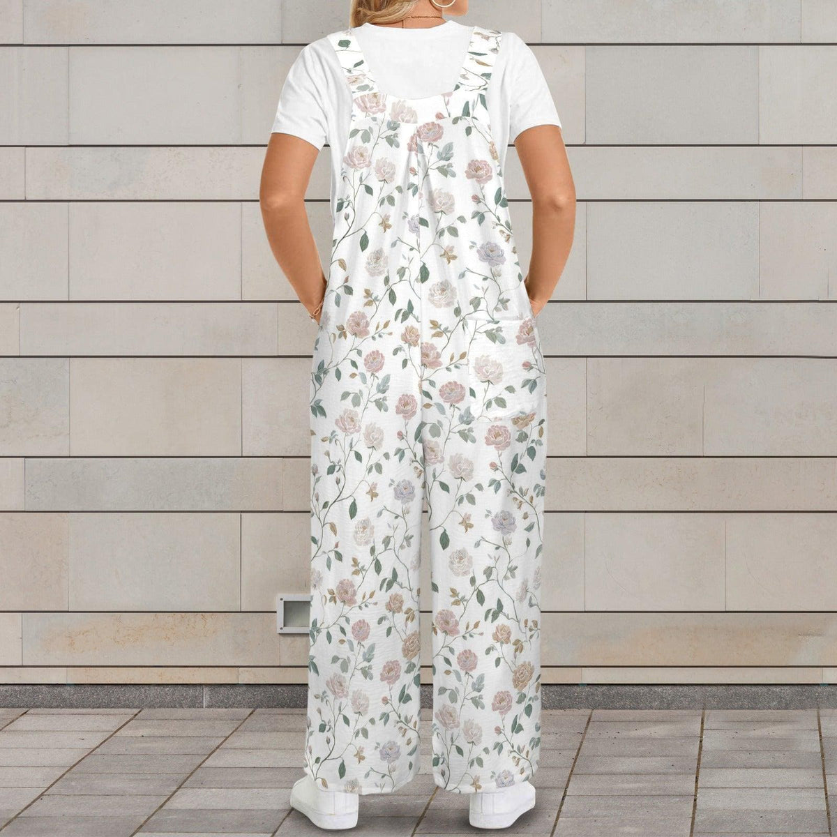 Dusty Rose Botanical Floral Wide Leg Jumpsuit with Pockets, Ivory Womens Overalls
