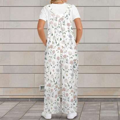Dusty Rose Botanical Floral Wide Leg Jumpsuit with Pockets, Ivory Womens Overalls