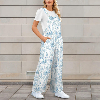 Mushroom Print Wide Leg Jumpsuit: Pale Blue Fungi, Botanical Details (95% Polyester)
