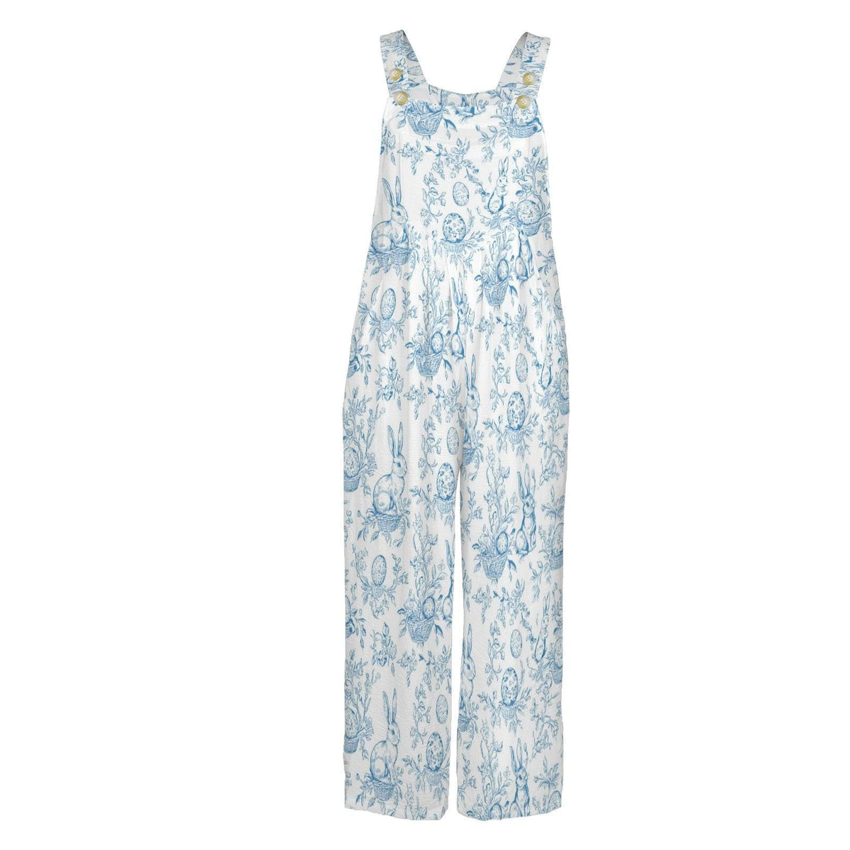 Mushroom Print Wide Leg Jumpsuit: Pale Blue Fungi, Botanical Details (95% Polyester)