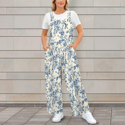 Boho Floral Jumpsuit: Wide Leg, Sleeveless, Pockets (95% Polyester)