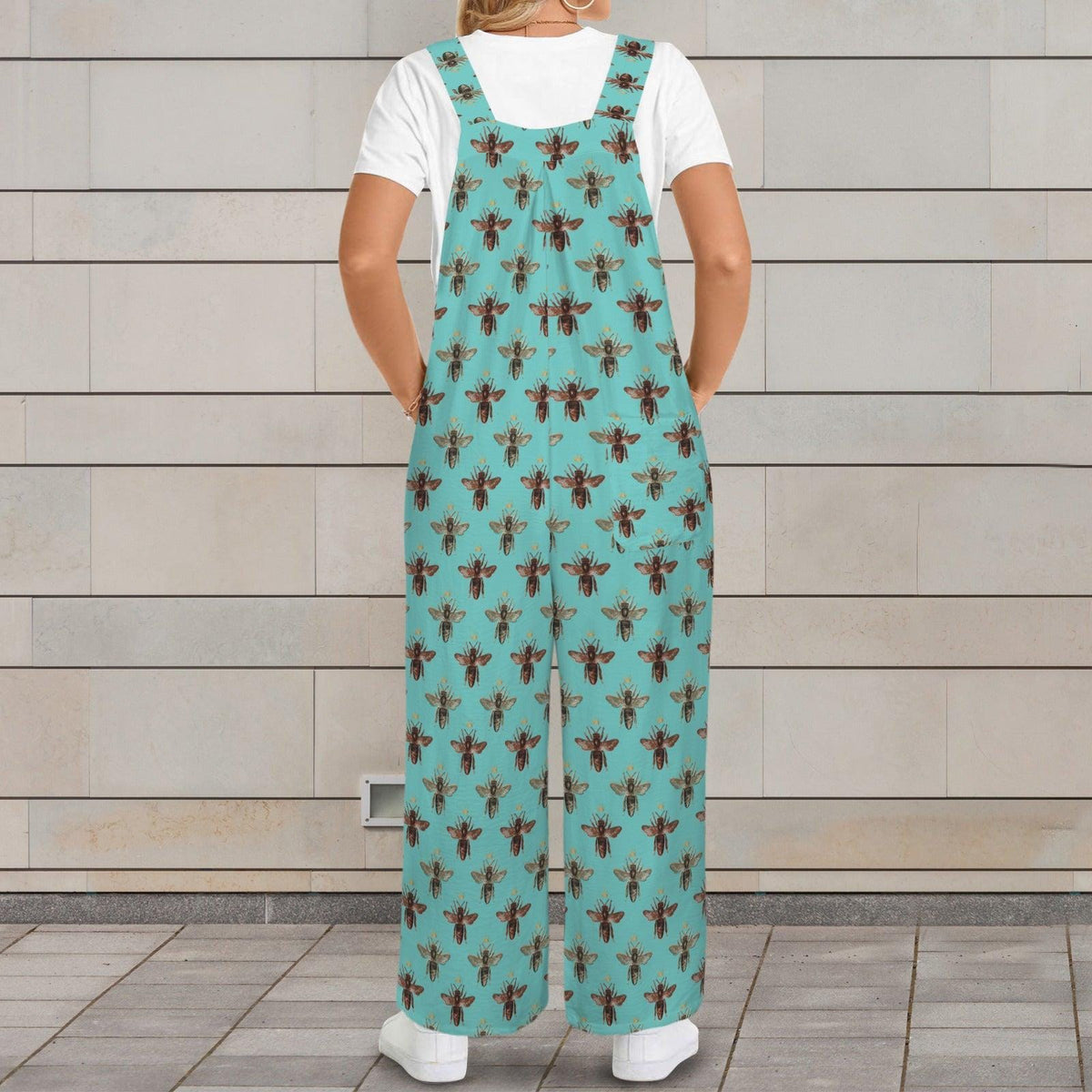 Boho Turquoise Bee Print Jumpsuit: Wide Leg, Sleeveless, Pockets
