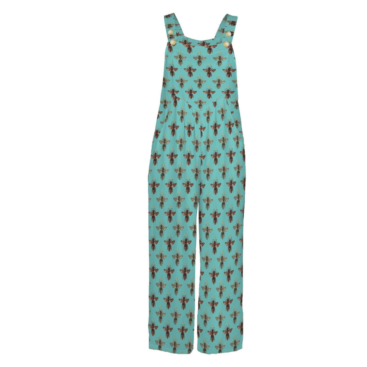 Boho Turquoise Bee Print Jumpsuit: Wide Leg, Sleeveless, Pockets