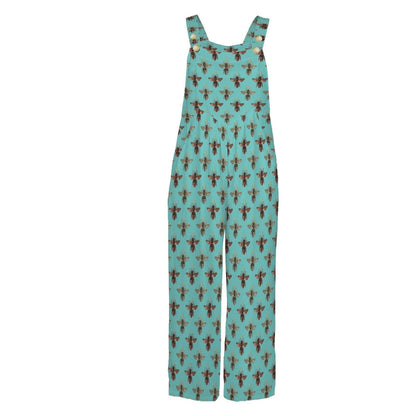 Boho Turquoise Bee Print Jumpsuit: Wide Leg, Sleeveless, Pockets