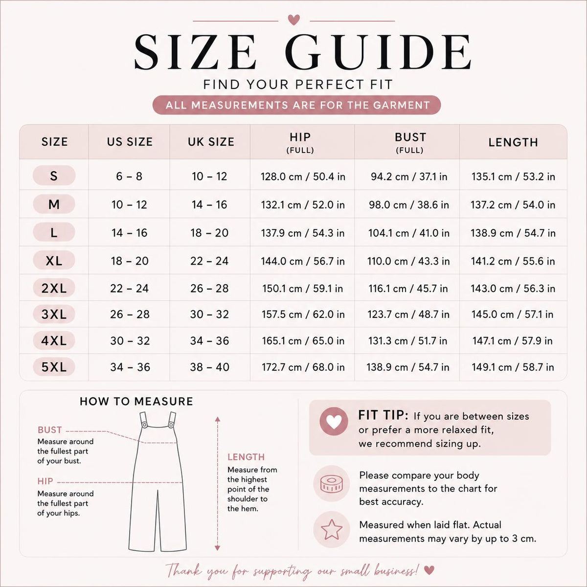 The image is a size guide that provides information on how to measure for different sizes of clothing, including bust, hips, and length. It includes a chart with measurements and corresponding sizes, along with a step-by-step guide on how to measure one's bust, hips, and length.