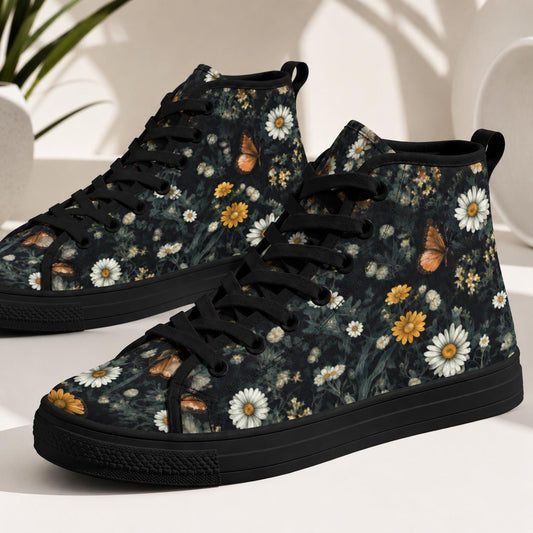 Dark Cottagecore Floral High Top Sneakers, Black Butterfly Daisy Print Canvas Shoes