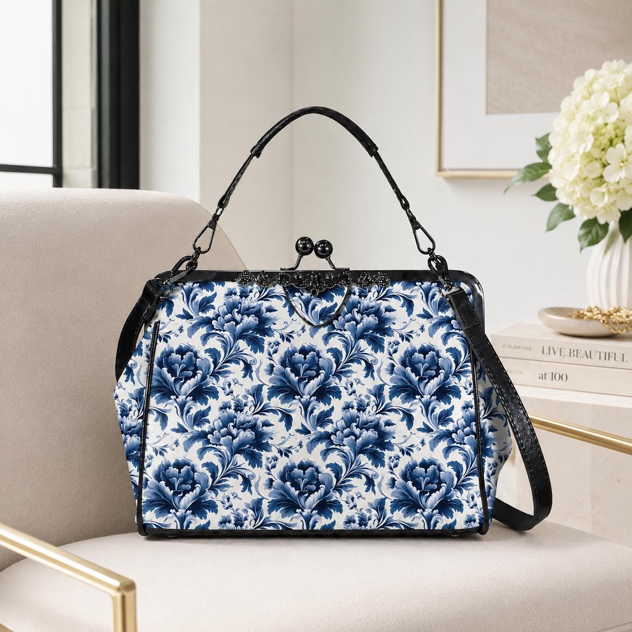 Blue Floral Kiss Lock Purse, Chinoiserie Porcelain Print Handbag, Vintage Style Crossbody Bag
