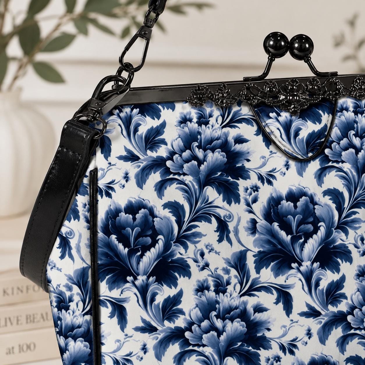 Blue Floral Kiss Lock Purse, Chinoiserie Porcelain Print Handbag, Vintage Style Crossbody Bag