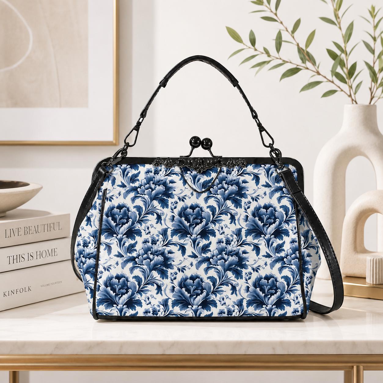 Blue Floral Kiss Lock Purse, Chinoiserie Porcelain Print Handbag, Vintage Style Crossbody Bag