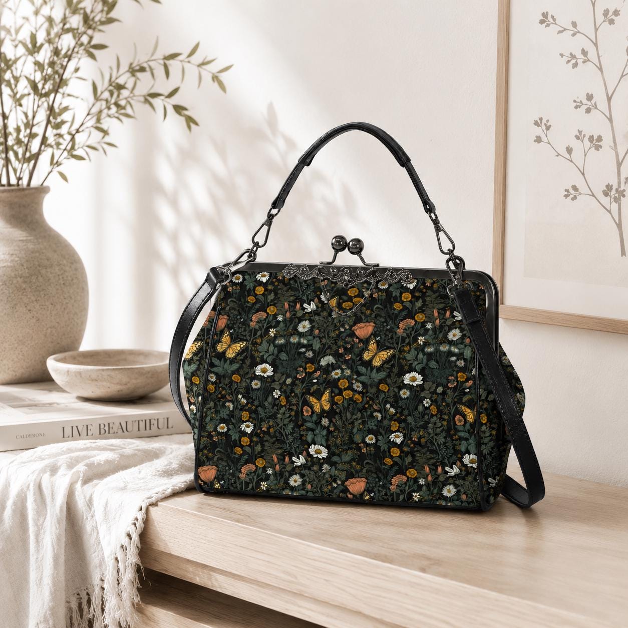 Dark Wildflower Butterfly Kiss-Lock PU Leather Crossbody Bag