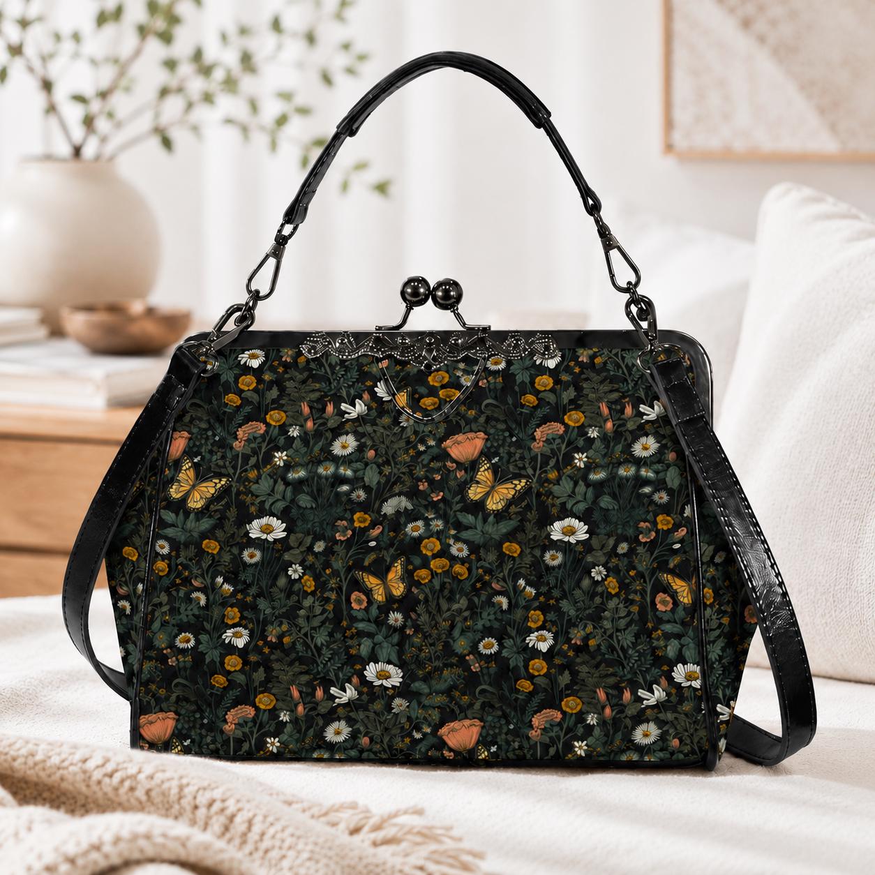 Dark Wildflower Butterfly Kiss-Lock PU Leather Crossbody Bag