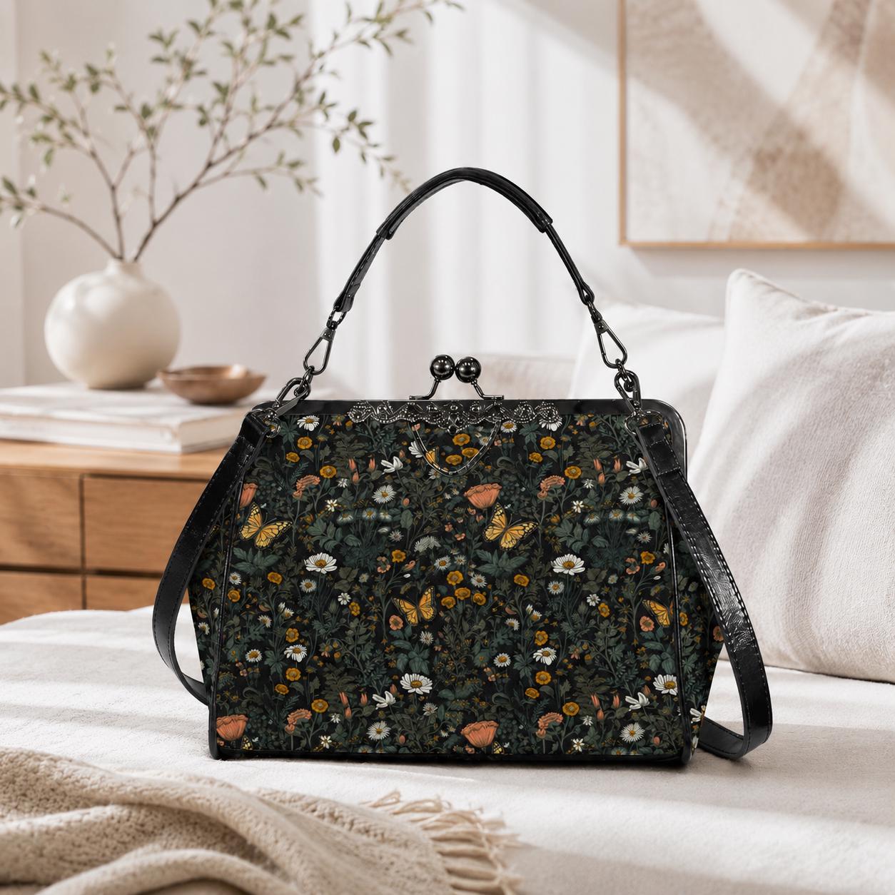 Dark Wildflower Butterfly Kiss-Lock PU Leather Crossbody Bag