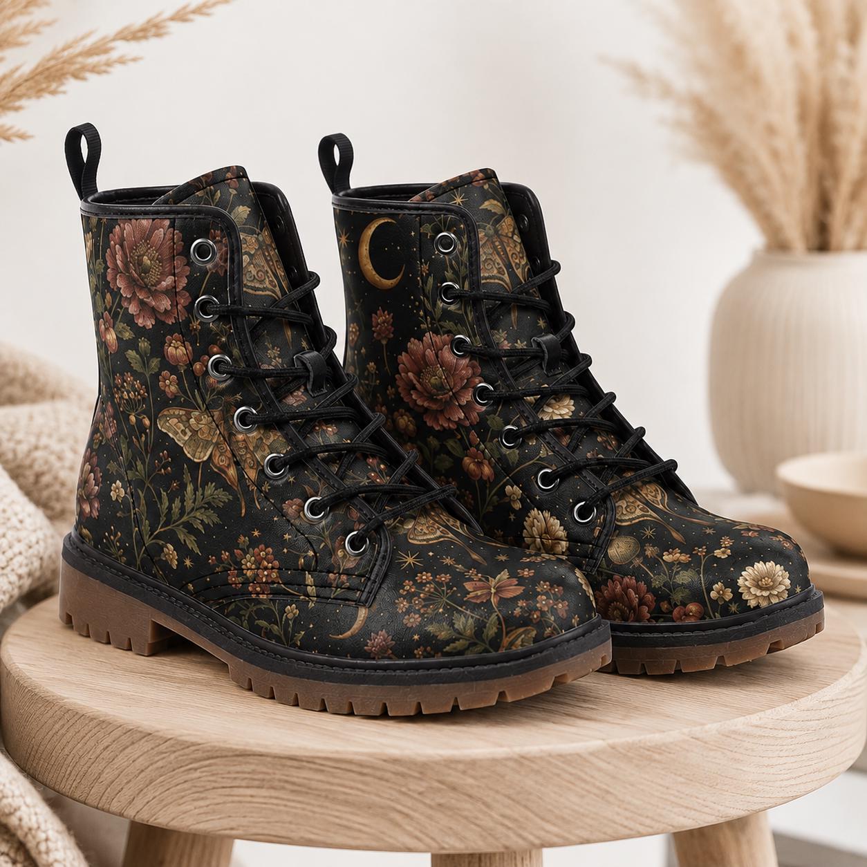 Dark Floral Moth Moon Lace Up Boots, Botanical Print Ankle Footwear