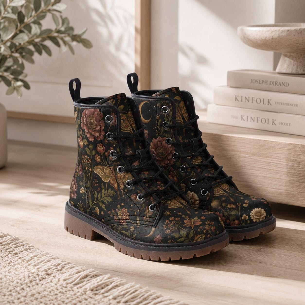 Dark Floral Moth Moon Lace Up Boots, Botanical Print Ankle Footwear