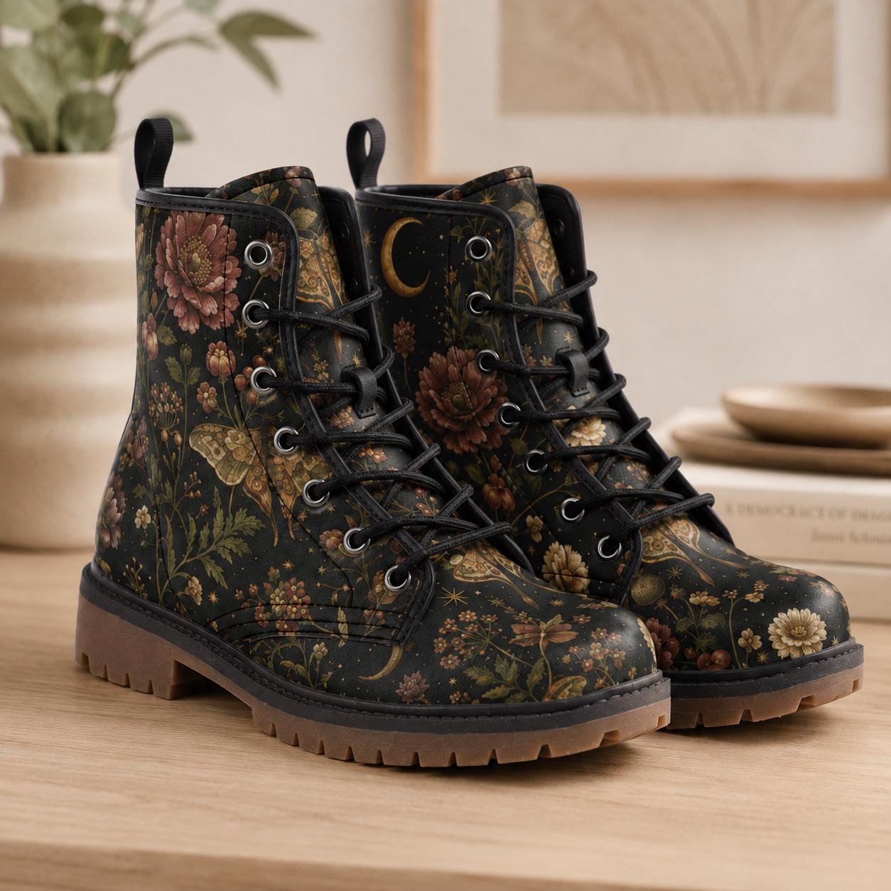 Dark Floral Moth Moon Lace Up Boots, Botanical Print Ankle Footwear