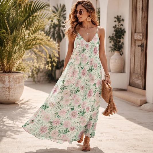 Pink Watercolor Floral Maxi Dress, Spaghetti Strap V Neck Summer Sundress