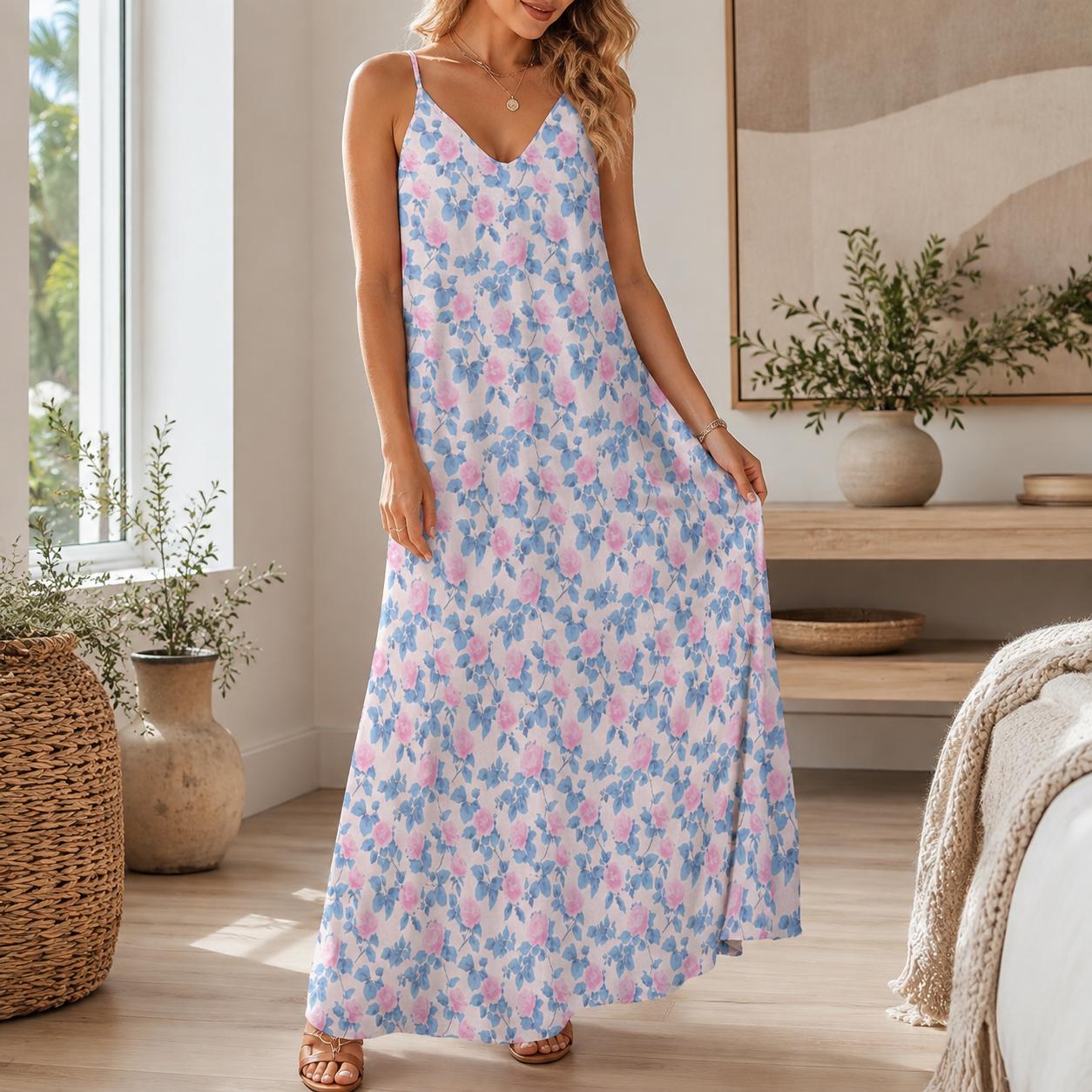 Blue Watercolor Floral Maxi Dress, Pink Rose Print Sundress, V Neck Spaghetti Straps