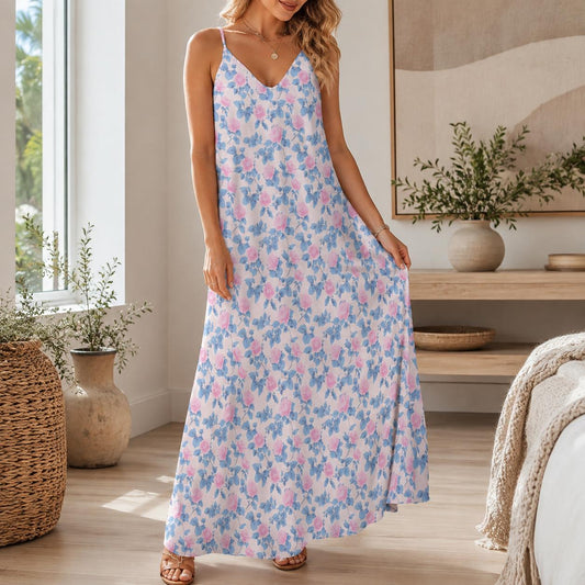 Blue Watercolor Floral Maxi Dress, Pink Rose Print Sundress, V Neck Spaghetti Straps