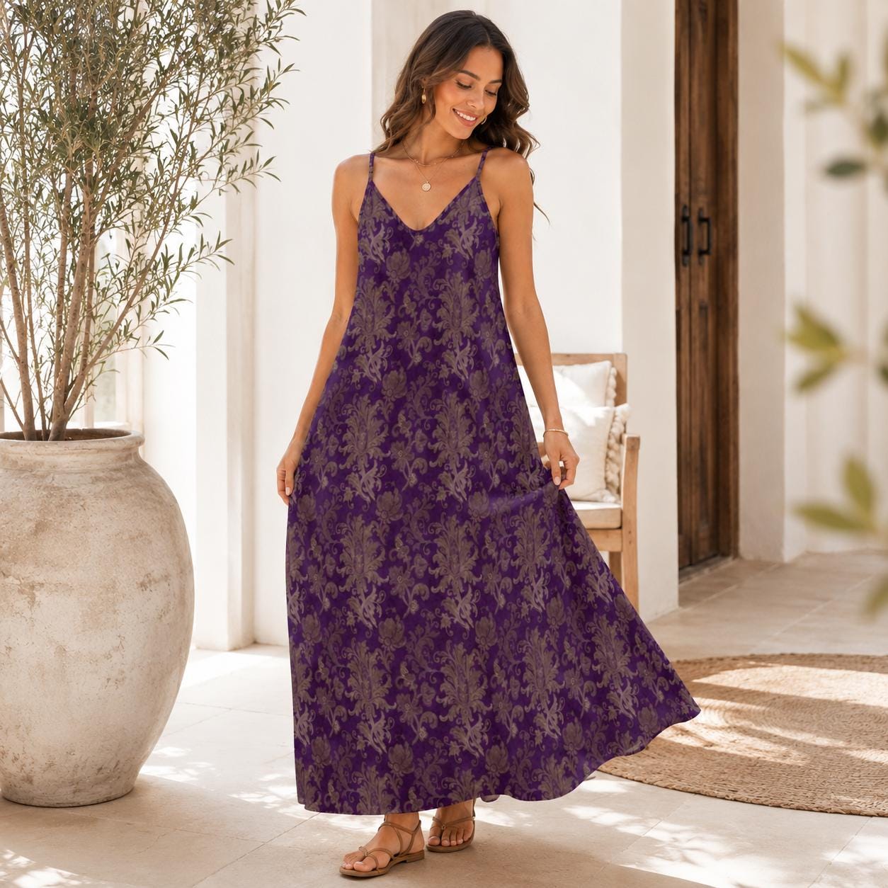 Purple and Taupe Damask Floral Print Maxi Dress with Spaghetti Straps
