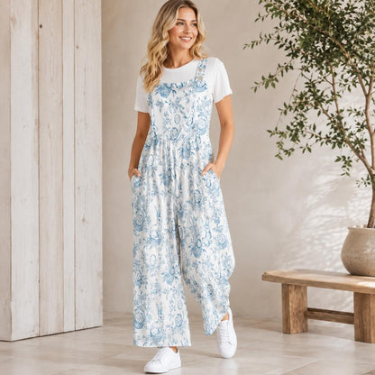 Mushroom Print Wide Leg Jumpsuit: Pale Blue Fungi, Botanical Details (95% Polyester)