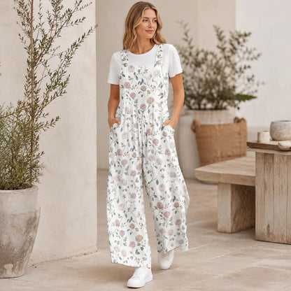 Dusty Rose Botanical Floral Wide Leg Jumpsuit with Pockets, Ivory Womens Overalls