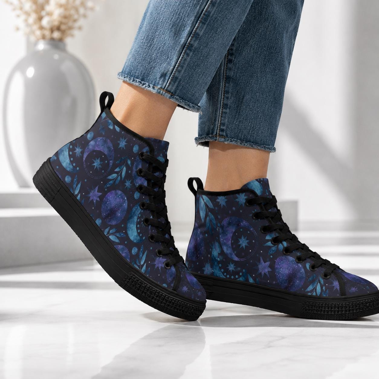 Celestial High Top Sneakers, Watercolor Moon Star Galaxy Print Canvas Shoes