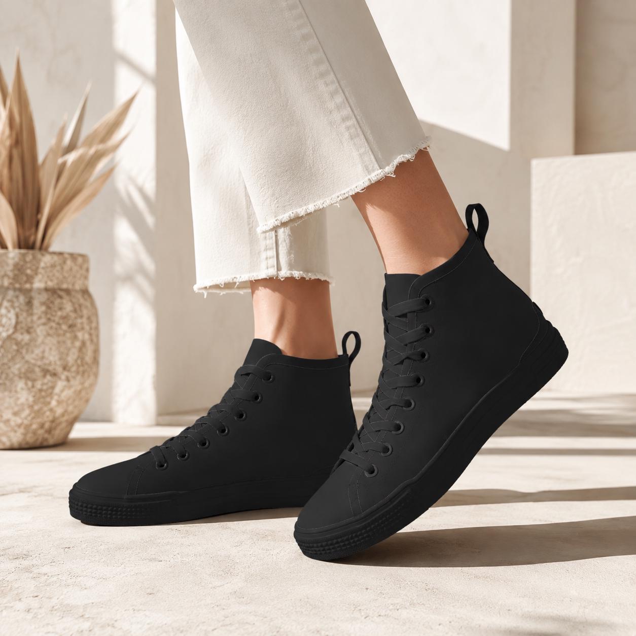 All Black Canvas High Top Sneakers, Minimalist Lace Up Trainers, Everyday Goth Shoes