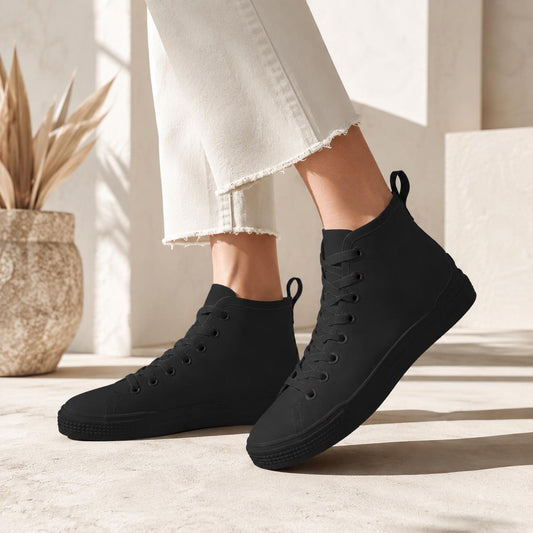 All Black Canvas High Top Sneakers, Minimalist Lace Up Trainers, Everyday Goth Shoes