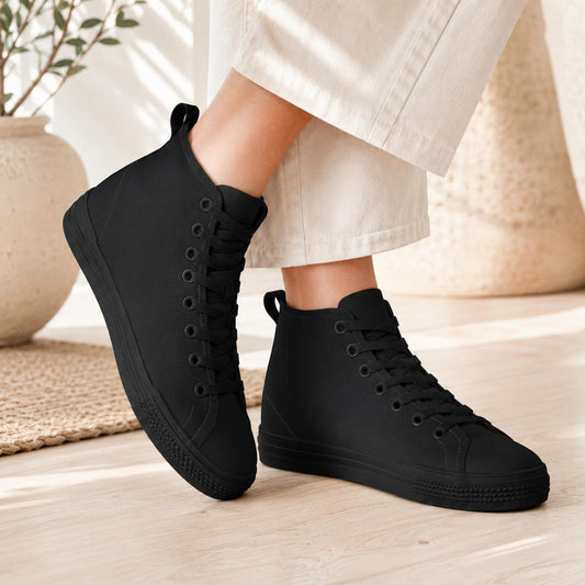 All Black Canvas High Top Sneakers, Minimalist Lace Up Trainers, Everyday Goth Shoes