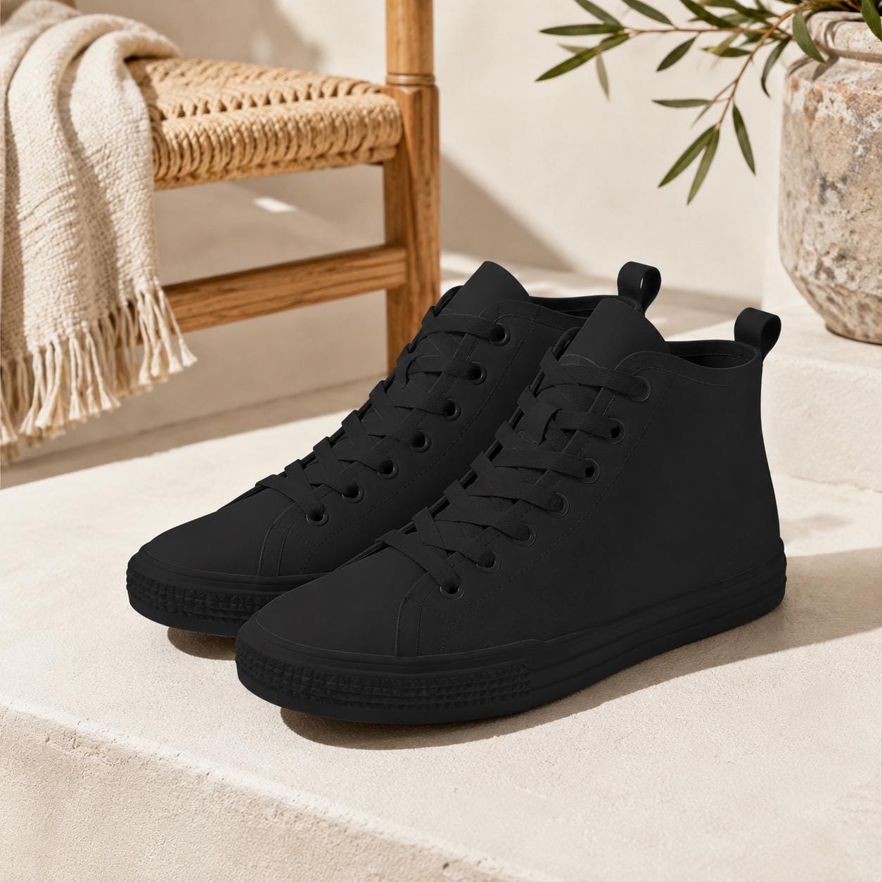 All Black Canvas High Top Sneakers, Minimalist Lace Up Trainers, Everyday Goth Shoes