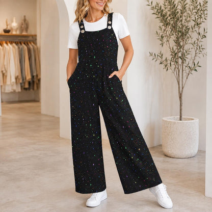 Black Multicolor Star Speckle Celestial Wide Leg Jumpsuit with Pockets, Overalls