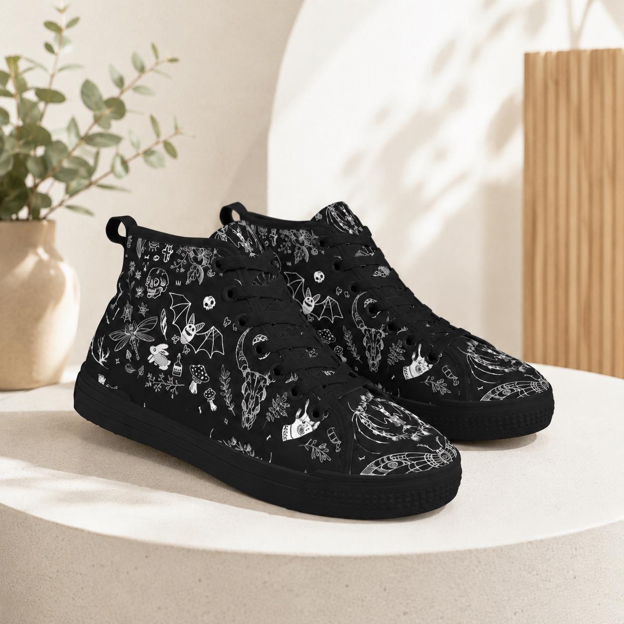 Witchy High Top Sneakers, Black Canvas Shoes with Skull Moth Mushroom Print