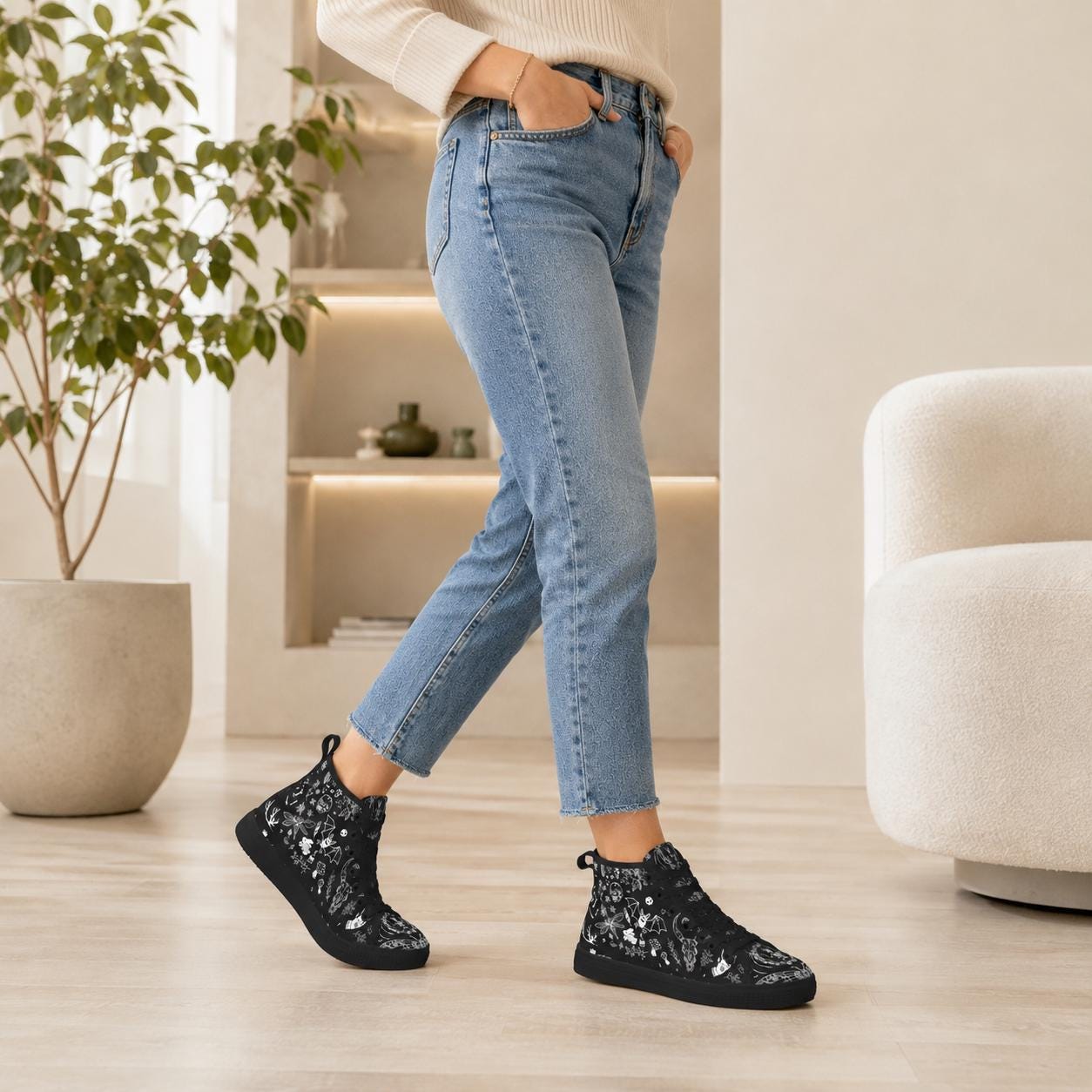 Witchy High Top Sneakers, Black Canvas Shoes with Skull Moth Mushroom Print