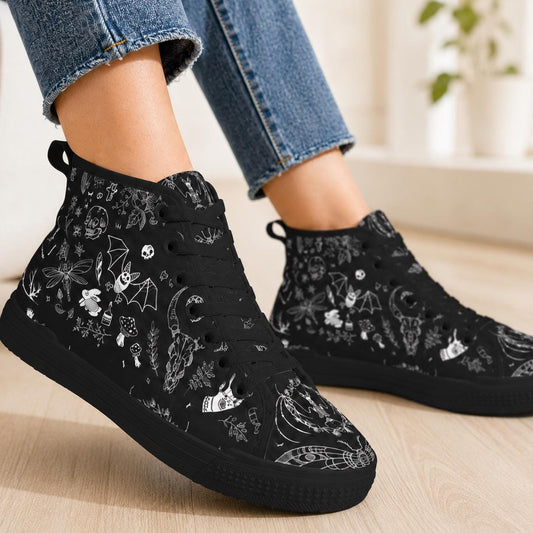 Witchy High Top Sneakers, Black Canvas Shoes with Skull Moth Mushroom Print