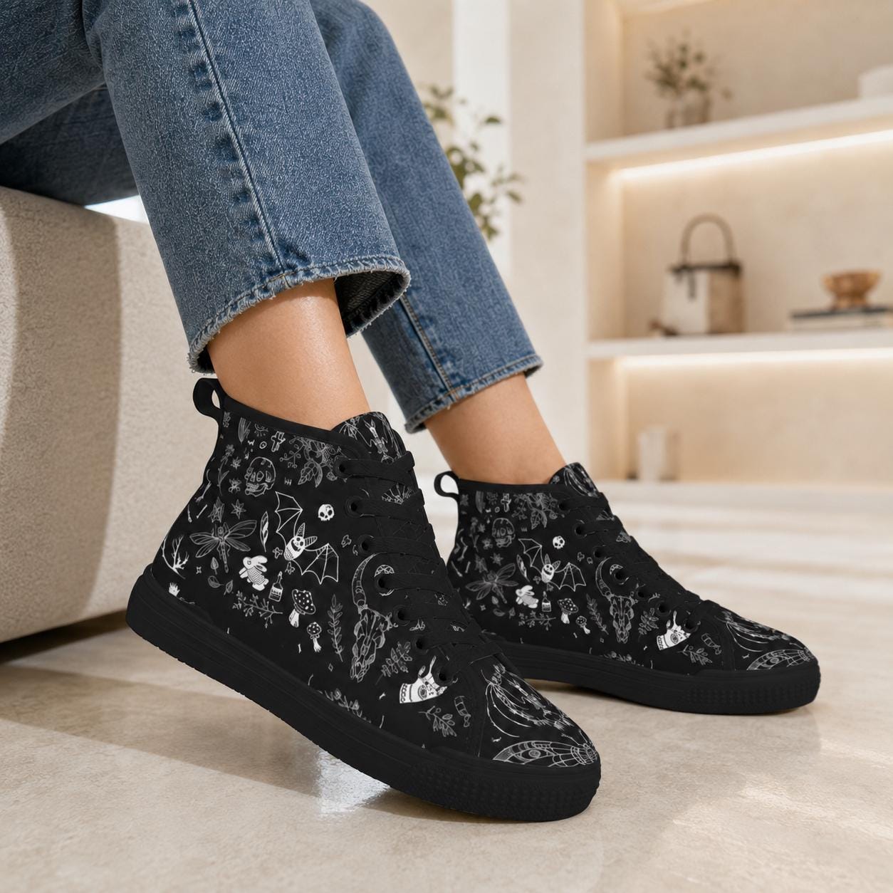 Witchy High Top Sneakers, Black Canvas Shoes with Skull Moth Mushroom Print
