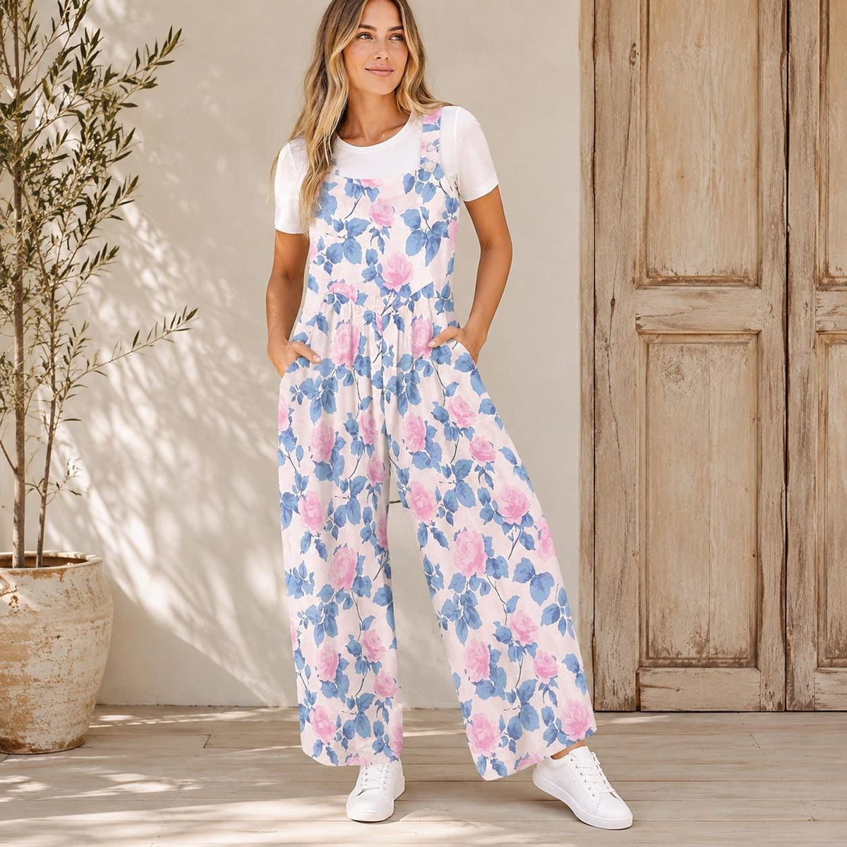 Floral Butterfly Jumpsuit: Blush Pink Wide Leg, Sleeveless, Pockets