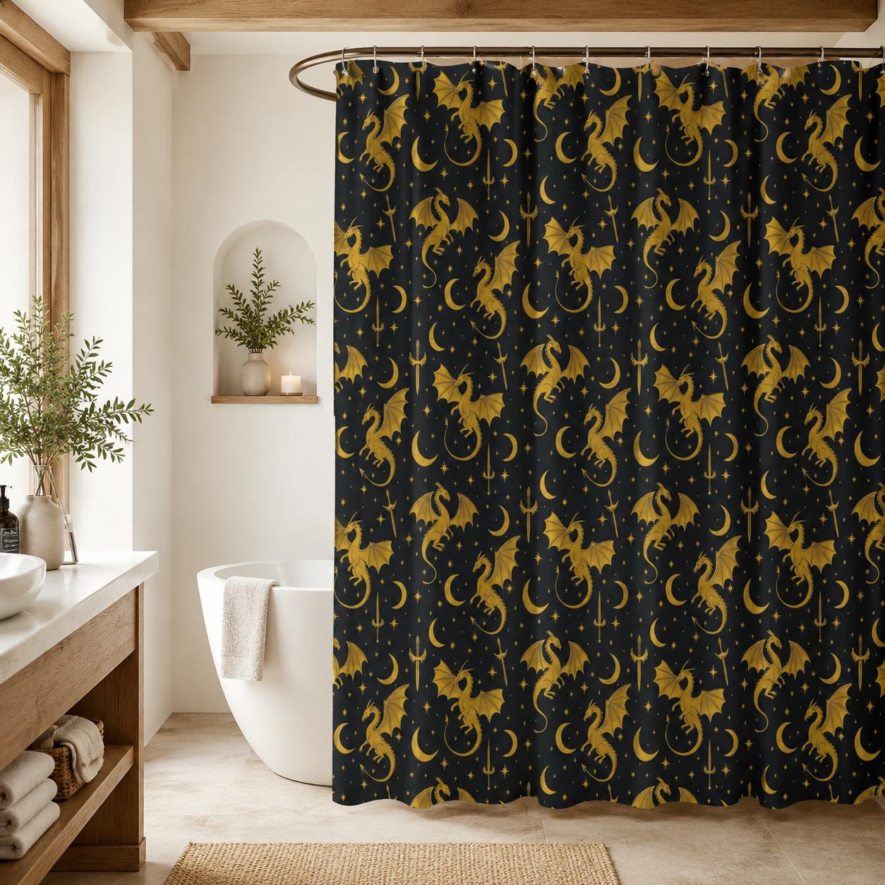 Gold Dragon Celestial Shower Curtain, Moon Star Sword Print Bathroom Decor