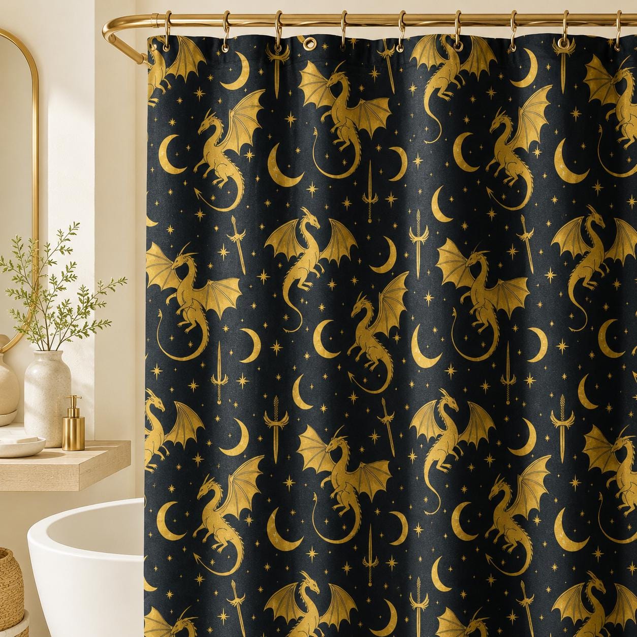 Gold Dragon Celestial Shower Curtain, Moon Star Sword Print Bathroom Decor