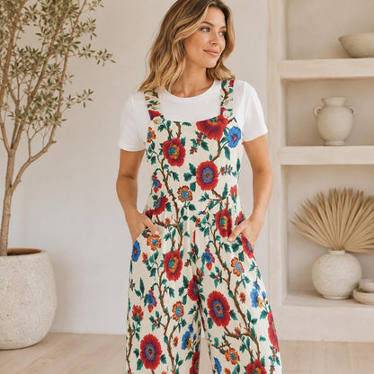 Boho Floral Jumpsuit: Red Blue Flowers, Wide Leg, Pockets (95% Polyester)