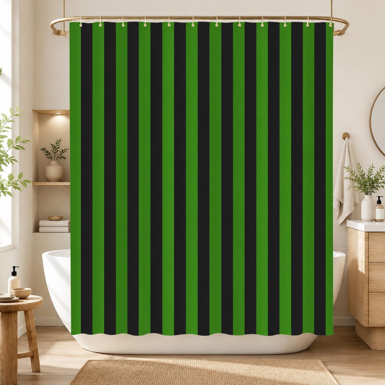 Green Black Striped Shower Curtain, Bold Vertical Stripe Bathroom Decor, Spooky Halloween Curtain