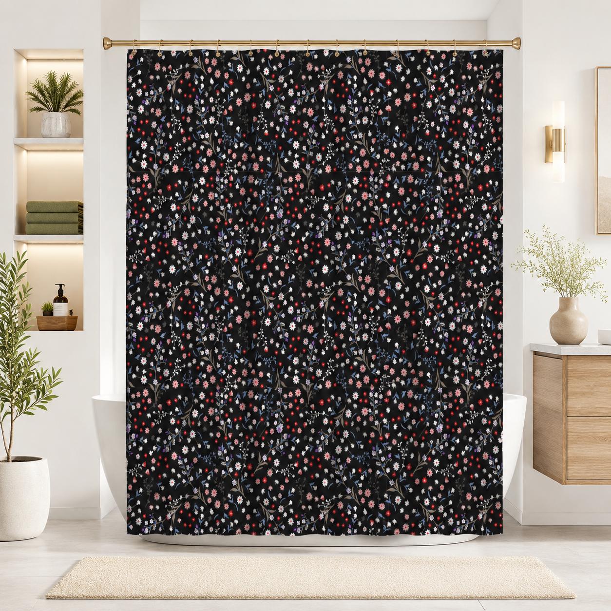 Black Ditsy Floral Shower Curtain, Moody Wildflower Bathroom Decor, Romantic Cottage Guest Bath Accent