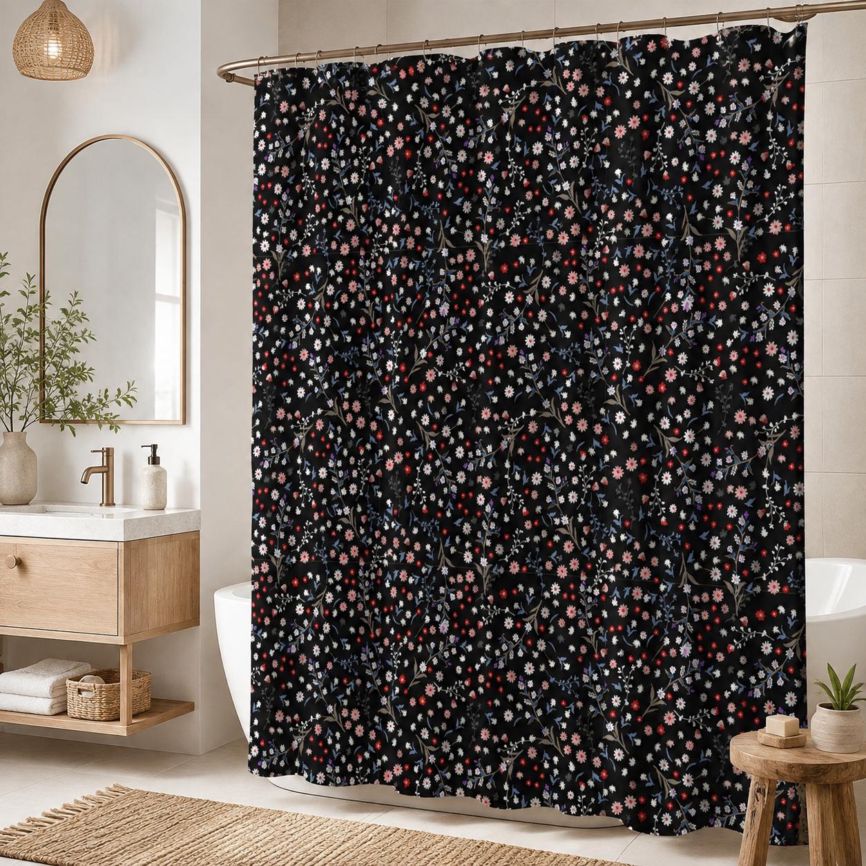 Black Ditsy Floral Shower Curtain, Moody Wildflower Bathroom Decor, Romantic Cottage Guest Bath Accent